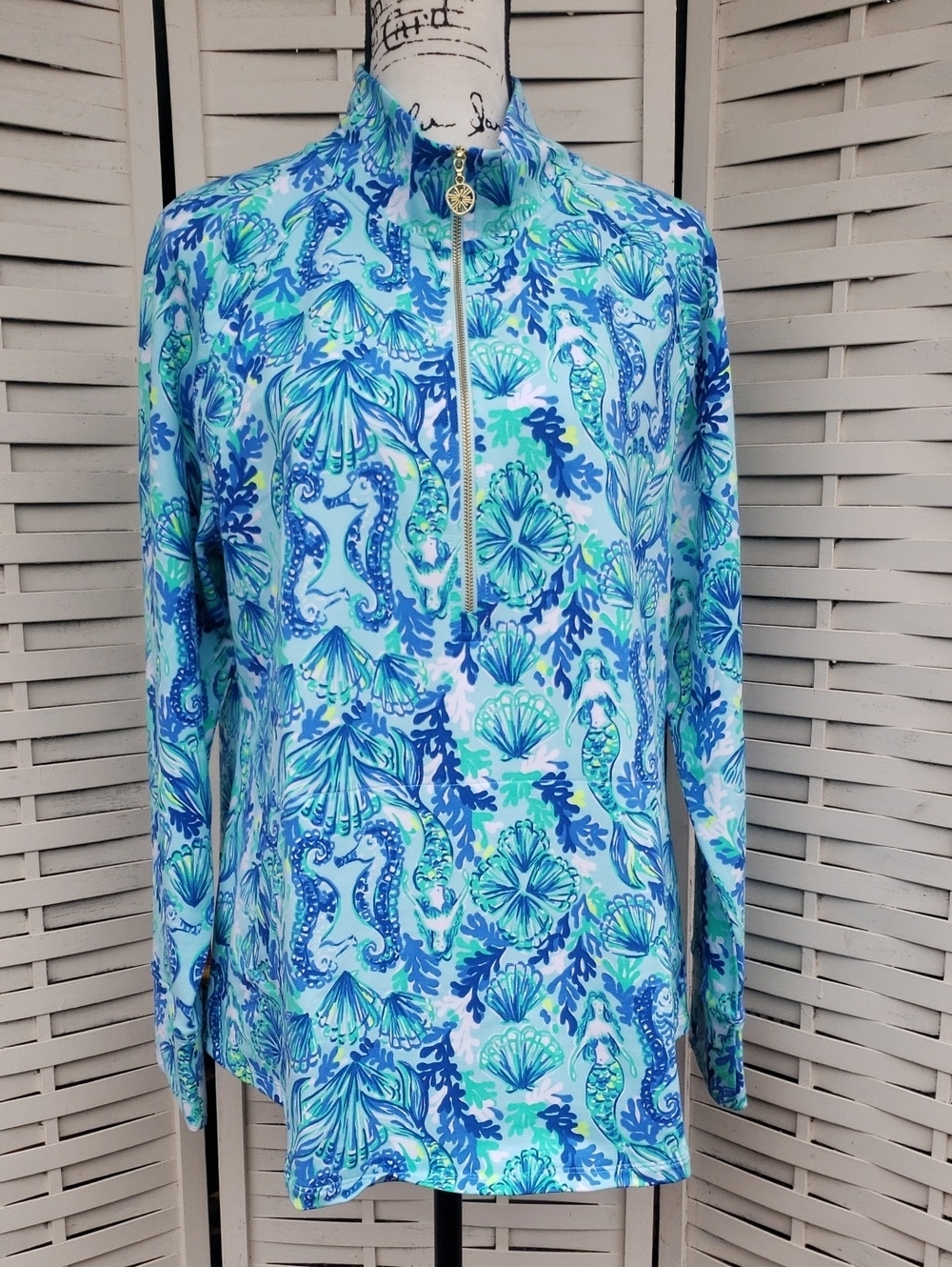 Lilly Pulitzer Blue Aqua Floral-Print Full Zip Front Pockets New Sweater XL